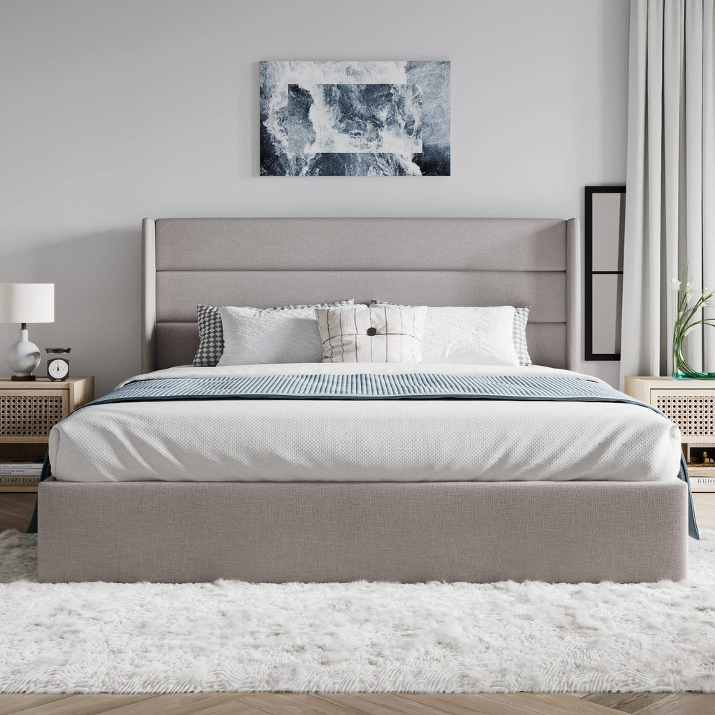 Queen Size Lift Up Hydraulic Storage Bed Frame Light Beige D14366