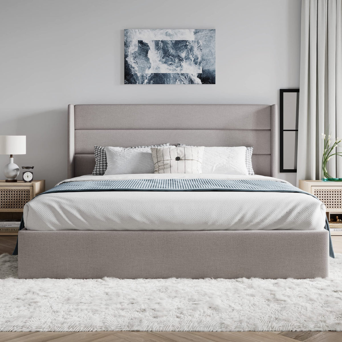 Queen Size Lift Up Hydraulic Storage Bed Frame Light Beige D14366