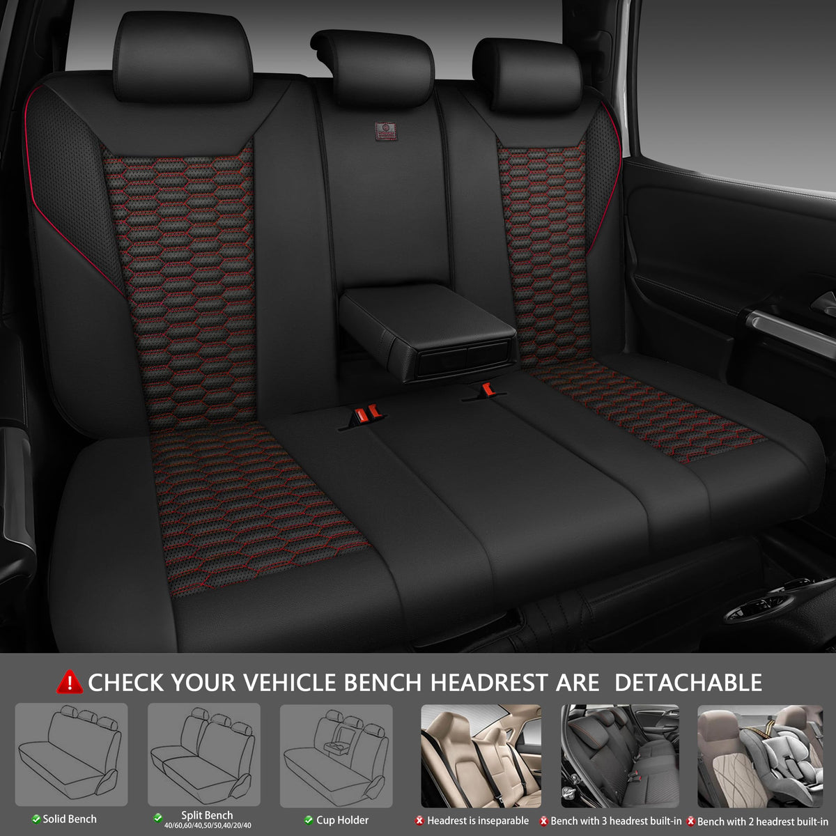 3D Foam Mesh Faux Leather Car Seat Covers Full Set, Black and Red N679