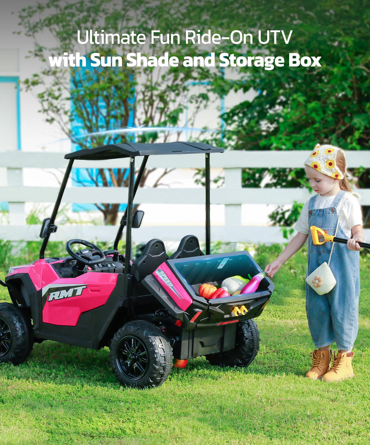 24V 2 Seater Ride on Car with Sun Shade Dump Bed Shovel Hot Pink K490