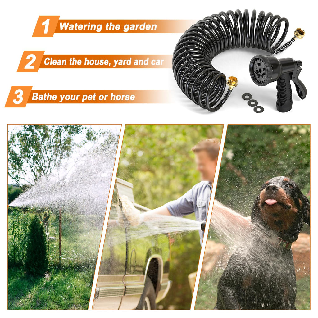 100FT x 3/8" Coil Expandable Garden Hose with 8 Patterns Spray Nozzle P413