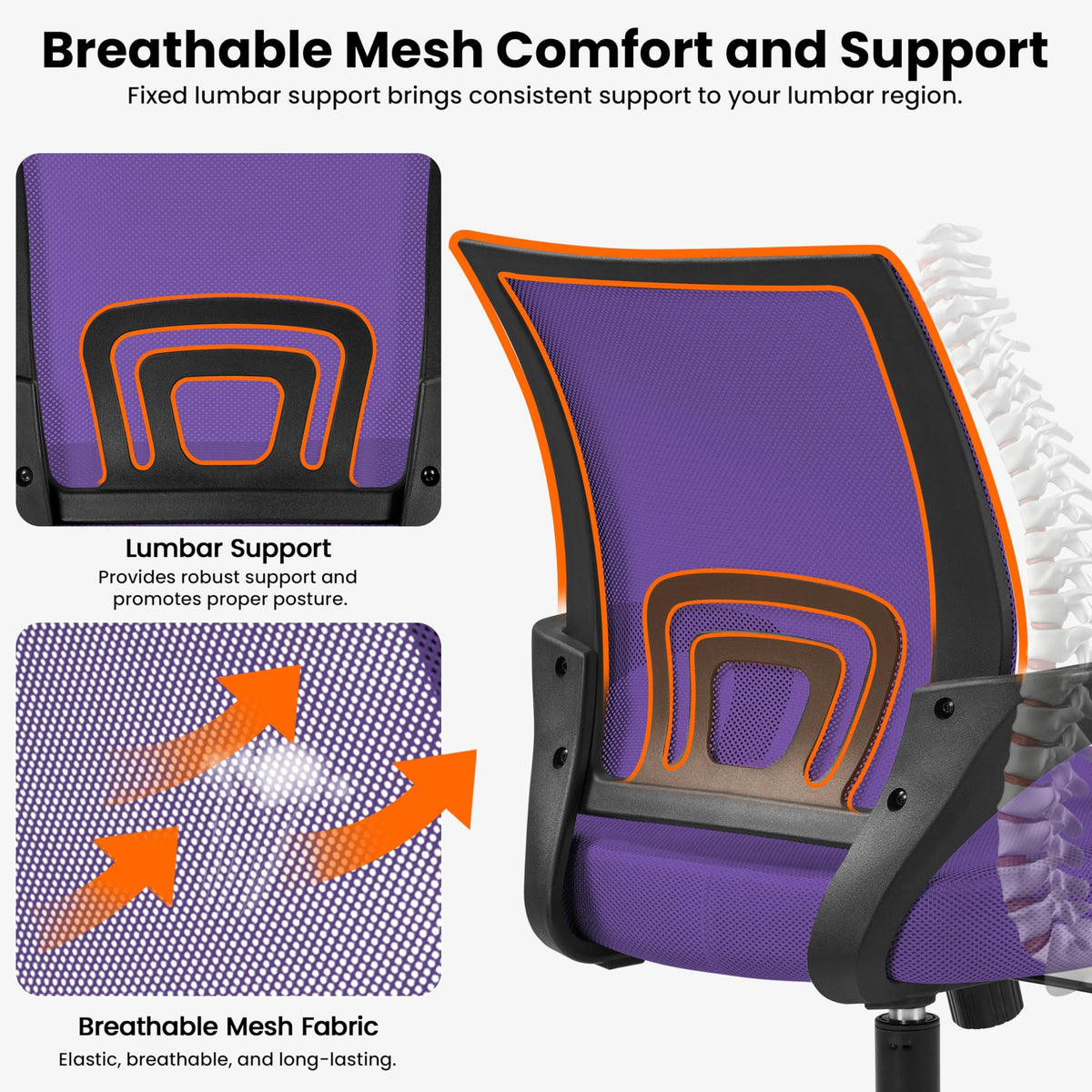 Purple Mesh Office Chairs with Lumbar Support, Set of 2 G50252