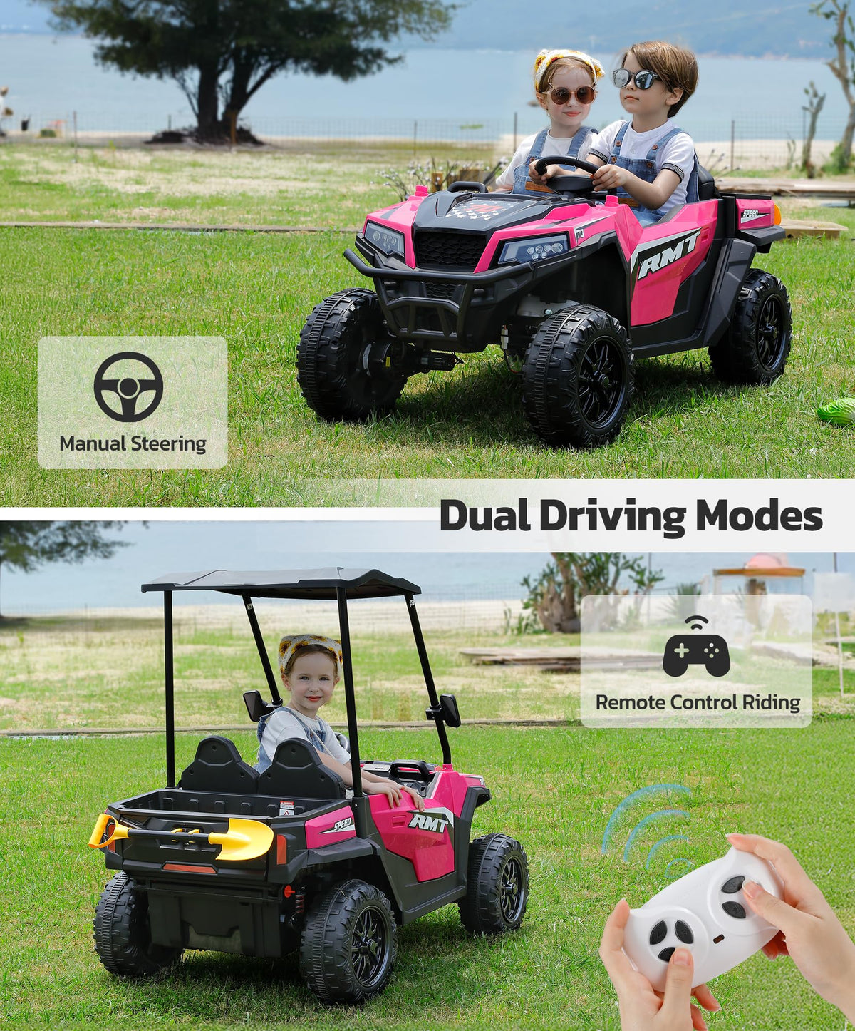 24V 2 Seater Ride on Car with Sun Shade Dump Bed Shovel Hot Pink K490