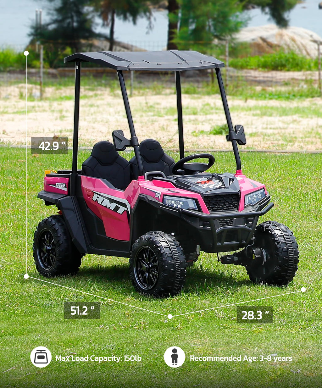 24V 2 Seater Ride on Car with Sun Shade Dump Bed Shovel Hot Pink K490