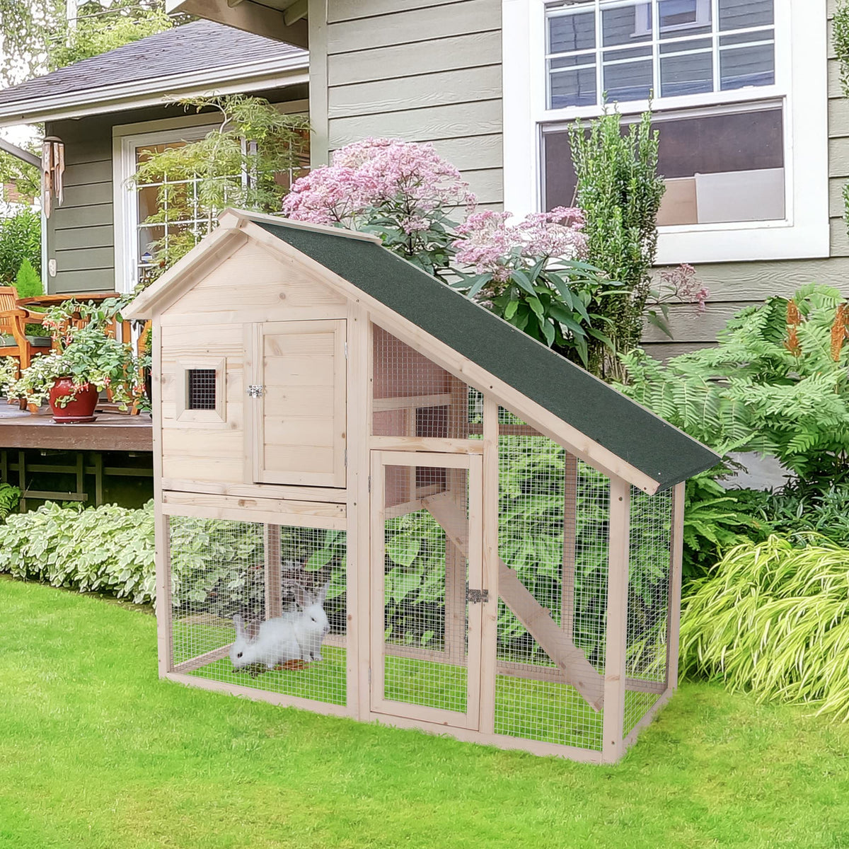55" 2-Tier Wooden Rabbit Hutch with Ramp H1012